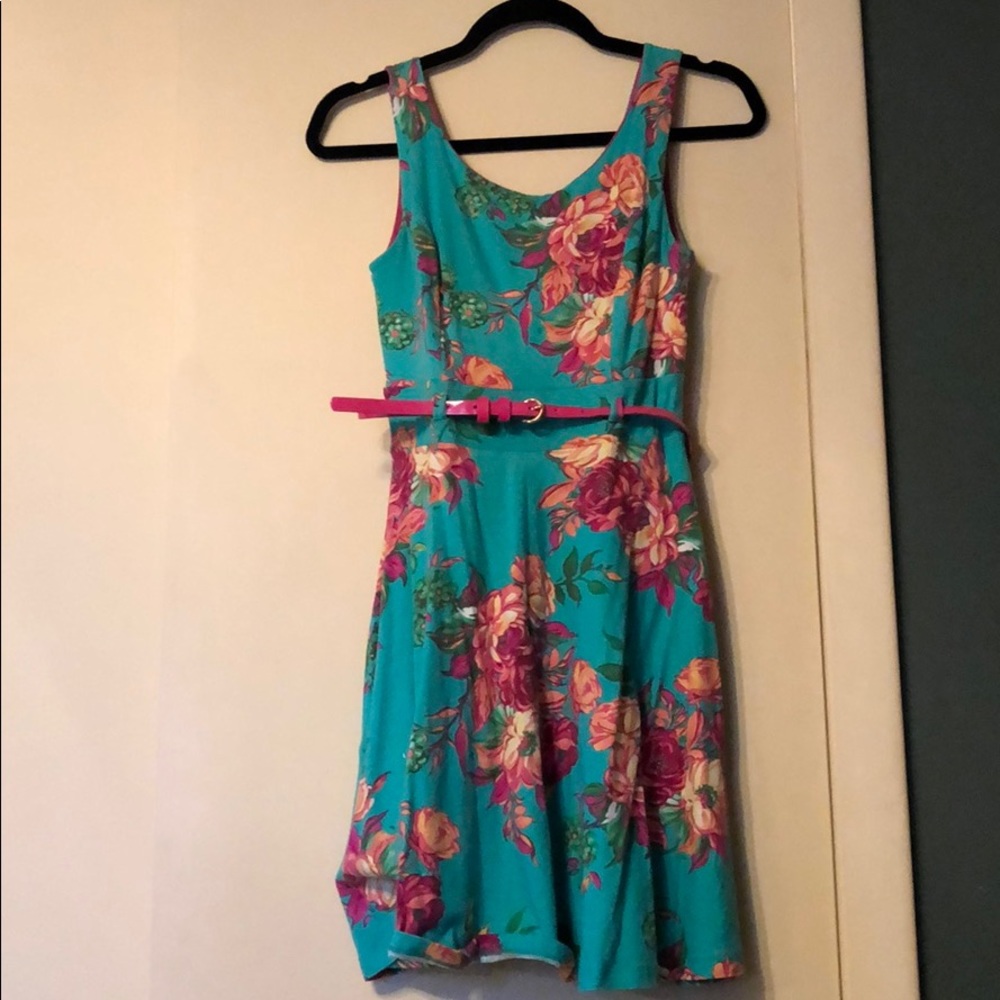 Teal dress with hot pink belt